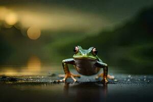 a frog is standing on the wet ground. AI-Generated photo