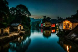 houses on the river at night. AI-Generated photo