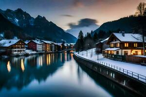 a river in the snow with houses and mountains in the background. AI-Generated photo