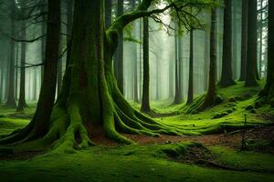 a green forest with trees and moss. AI-Generated photo