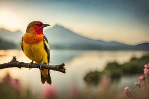 a colorful bird sits on a branch near a lake. AI-Generated photo