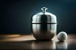 an egg sitting next to a silver container. AI-Generated photo