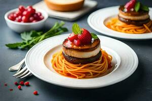 two plates with spaghetti and meat on them. AI-Generated photo