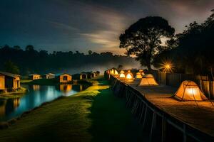 a river with tents and lights on the side. AI-Generated photo