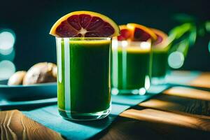 verde jugo en lentes con rebanadas de naranja. generado por ai foto