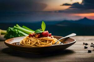 spaghetti with tomato and basil on a wooden table. AI-Generated photo