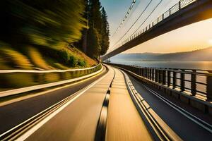 un coche conducción en un autopista con un puente en el antecedentes. generado por ai foto
