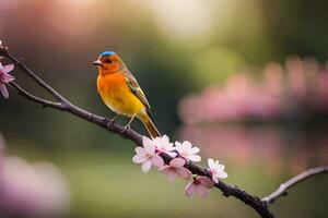 a bird sits on a branch with pink flowers. AI-Generated photo