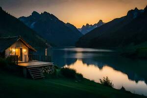 a cabin sits on the edge of a lake at sunset. AI-Generated photo