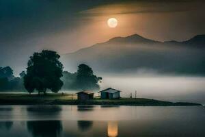 a small house sits on the shore of a lake with a full moon. AI-Generated photo