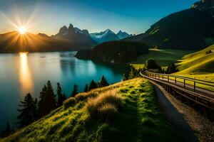 el Dom sube terminado el lago y montañas en esta hermosa paisaje. generado por ai foto