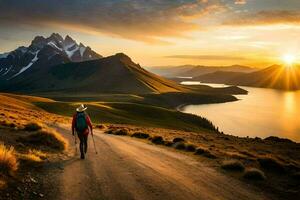 a man walks on a road in the mountains. AI-Generated photo