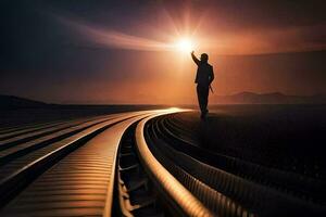 a man standing on a train track with the sun in the background. AI-Generated photo