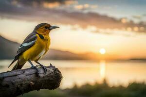 a yellow bird sits on a branch in front of a lake. AI-Generated photo
