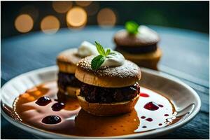 two mini sandwiches on a plate with sauce. AI-Generated photo