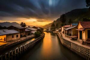 un río carreras mediante un pueblo a puesta de sol. generado por ai foto