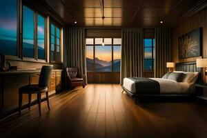 a bedroom with a view of mountains at sunset. AI-Generated photo