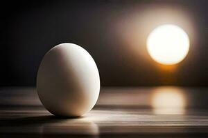 an egg sitting on a table in front of a light. AI-Generated photo