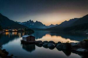 un pequeño casa se sienta en el apuntalar de un lago a puesta de sol. generado por ai foto