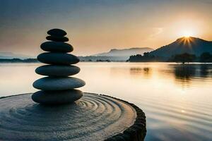 a stack of stones on top of a lake at sunset. AI-Generated photo