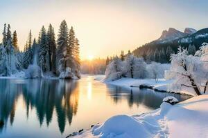 photo wallpaper the sky, snow, trees, lake, sun, trees, winter, the mountains. AI-Generated