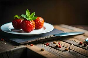 dos fresas en un plato con especias y pimienta. generado por ai foto