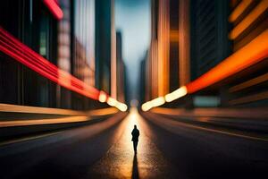 un hombre caminando abajo un ciudad calle a noche. generado por ai foto