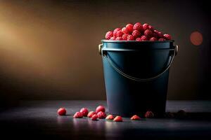 a bucket filled with raspberries on a dark table. AI-Generated photo