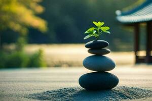 a stack of rocks with a plant growing on top. AI-Generated photo