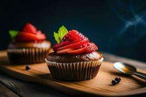 two chocolate cupcakes with strawberries on top. AI-Generated photo