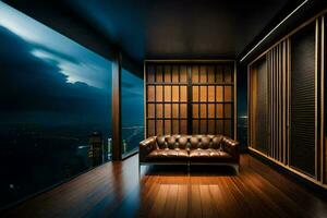 a leather couch in a room with a view of the city. AI-Generated photo