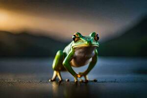 a frog is standing on the ground with a dark background. AI-Generated photo