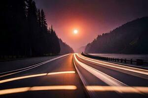 a long exposure photograph of a road with a sun setting in the background. AI-Generated photo