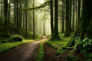 a path through a green forest with trees and moss. AI-Generated photo