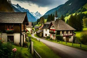 photo wallpaper the sky, mountains, road, houses, trees, mountains, village, road,. AI-Generated