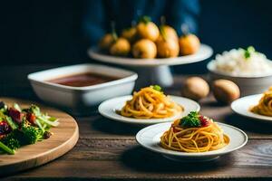 un mesa con platos de comida y bochas de vegetales. generado por ai foto