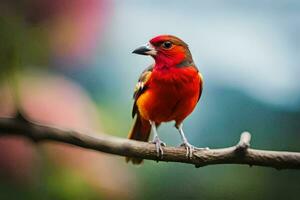 a red bird sitting on a branch. AI-Generated photo