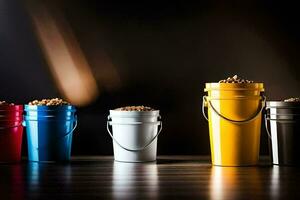 four buckets with different colored lids on a table. AI-Generated photo