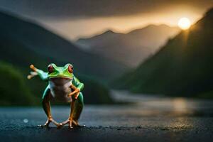 a frog standing on the road with the sun setting behind it. AI-Generated photo