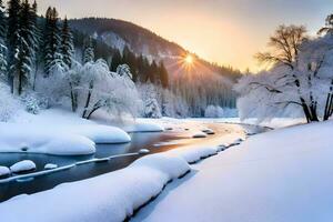 snow covered trees and river in winter. AI-Generated photo