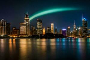 the aurora lights up the skyline of chicago. AI-Generated photo