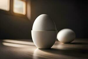 two eggs sit on a table in front of a window. AI-Generated photo