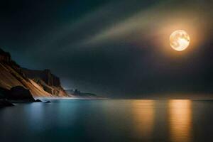 a full moon is seen over the ocean in this photo. AI-Generated photo