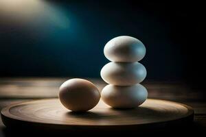 three eggs on a wooden plate. AI-Generated photo