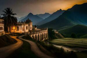 un Iglesia en el montañas a puesta de sol. generado por ai foto