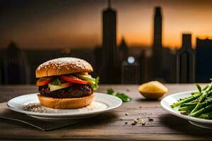 a burger and green beans on a table with a cityscape in the background. AI-Generated photo