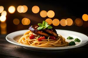 a plate of spaghetti with meat and tomatoes on a wooden table. AI-Generated photo