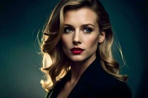 a beautiful blonde woman with red lipstick and black suit. AI-Generated photo