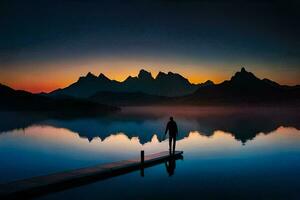 a man stands on a dock at sunrise in the mountains. AI-Generated photo