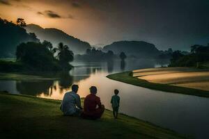 un familia sentado en el césped por el río a puesta de sol. generado por ai foto